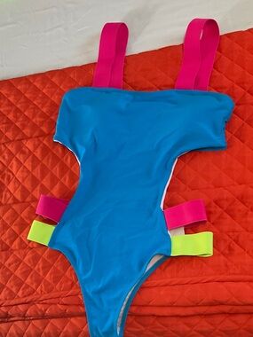 Fashion Nova Electric Blue One-Piece with Hot Pink & Neon Yellow Straps